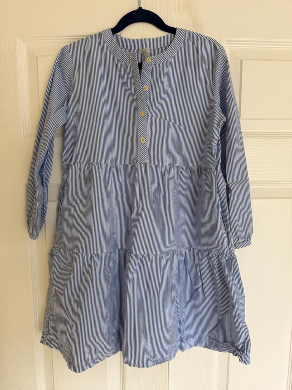 Primary Light Blue and White Striped Tiered Button-Front Dress